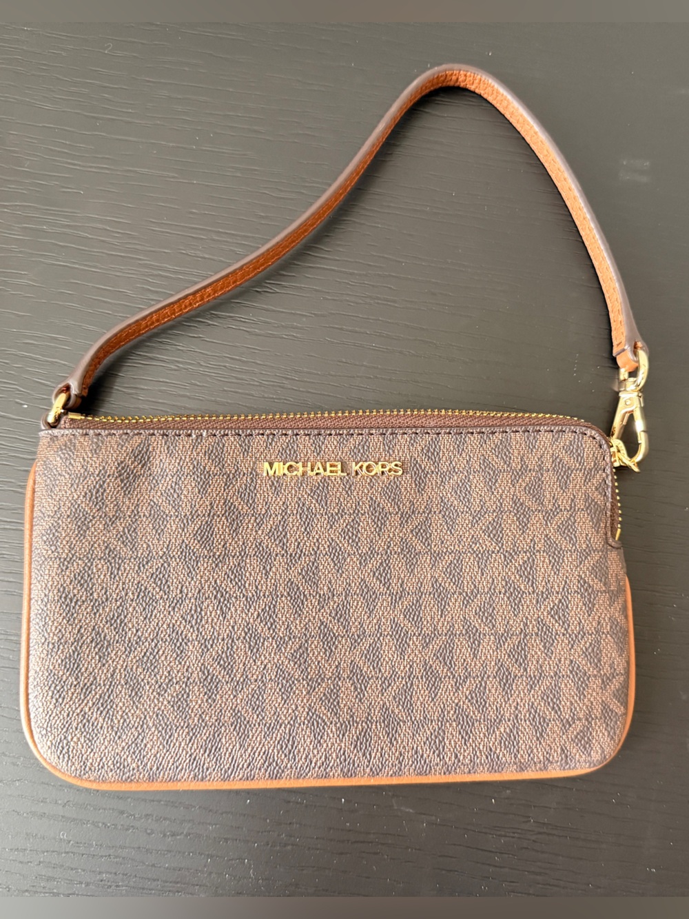 Michael Kors Brown Logo-Print Wristlet with Gold Hardware